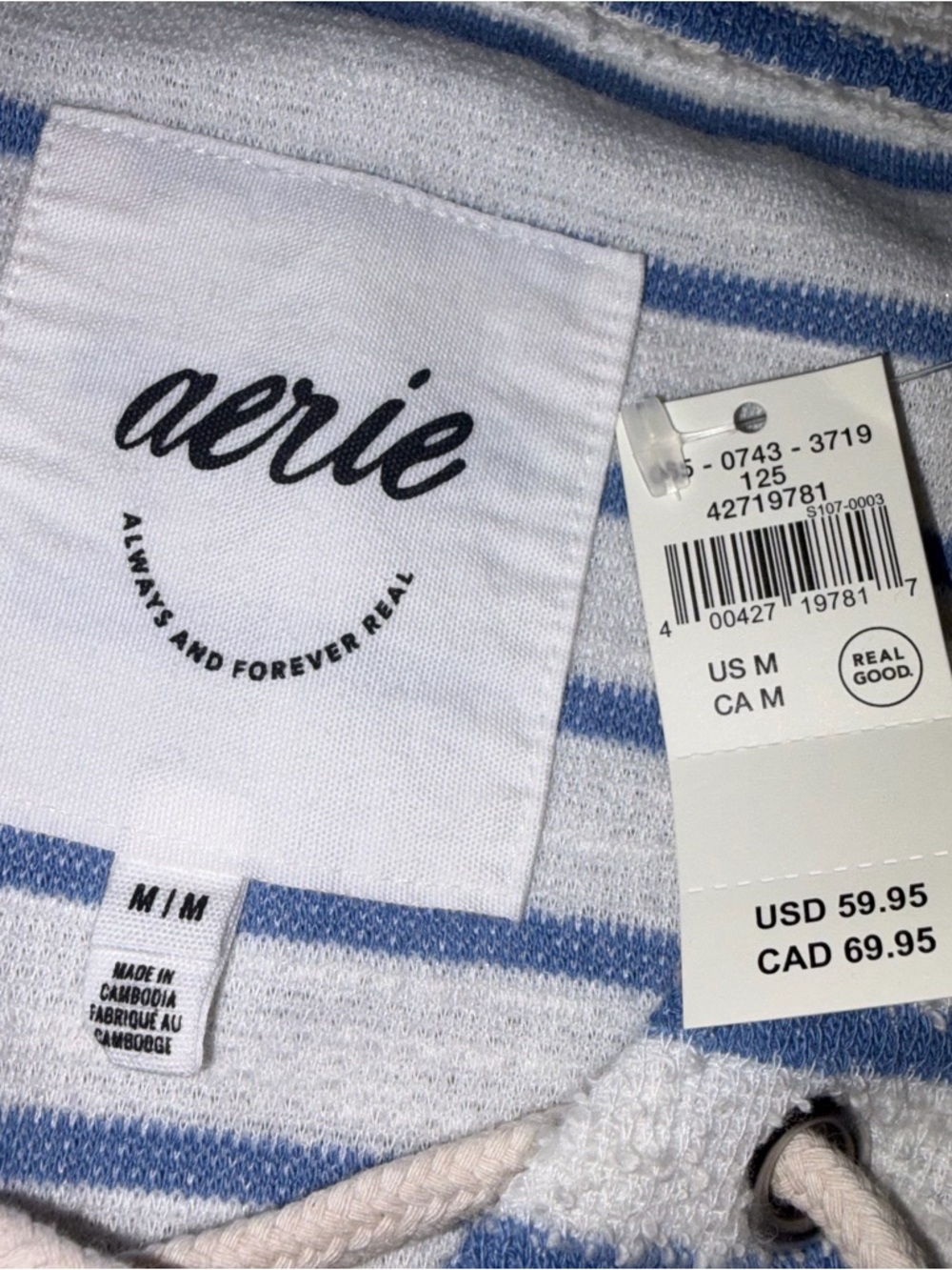 NEW Aerie Blue & White Stripe Terry Cloth Lace Up Pullover Sweatshirt Medium - Picture 7 of 10